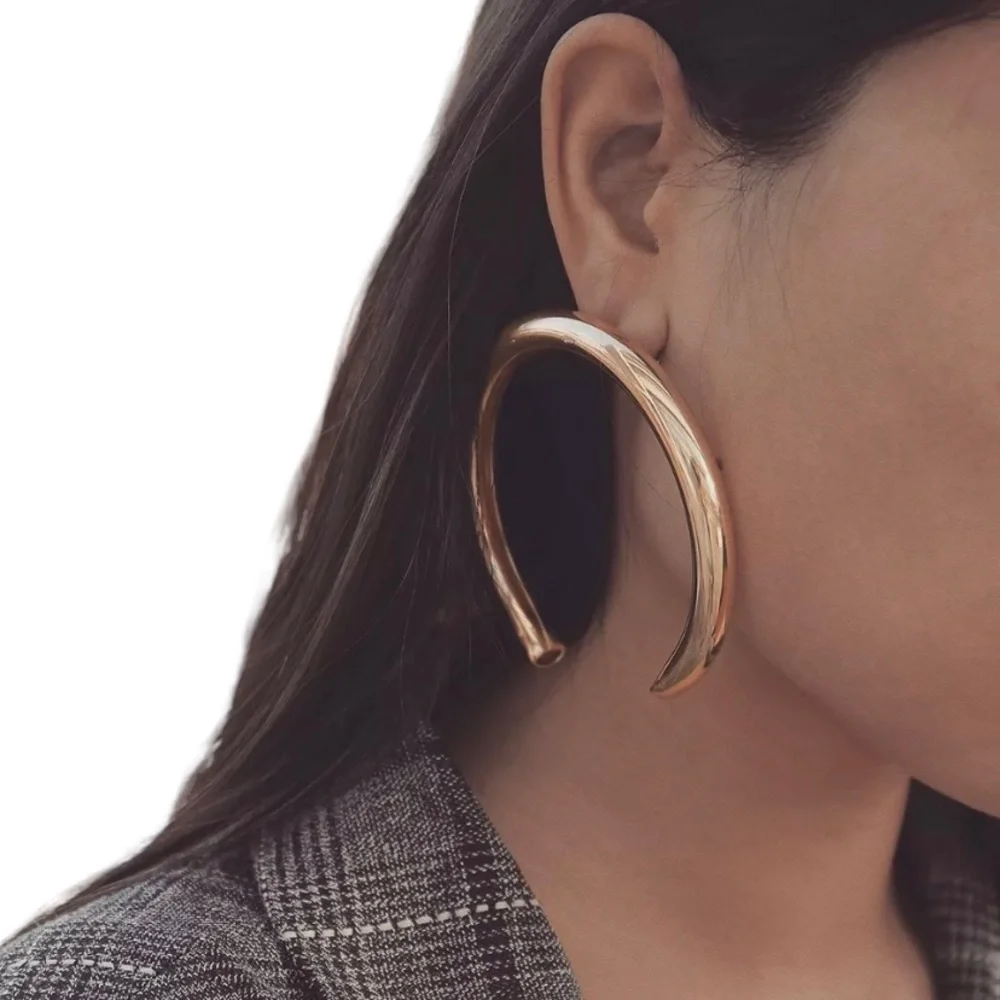 Mega large gold crescent 🌙 moon hoop earrings - Picture 2 of 8